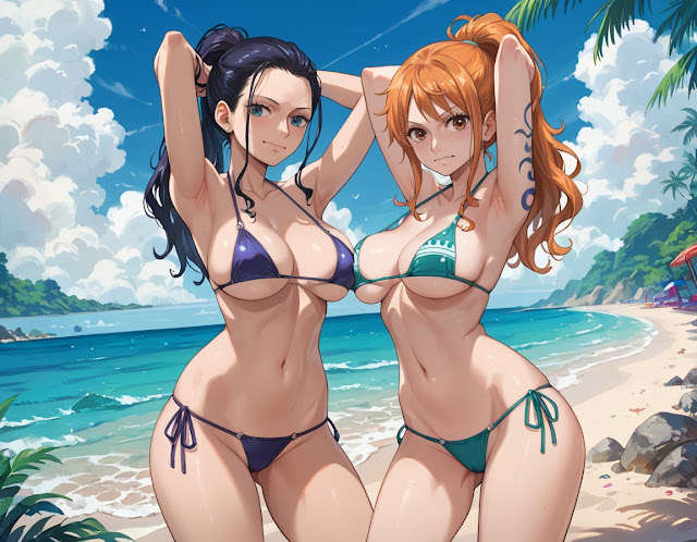 Nami và Nico Robin mặc bikini trên bãi biển phần 3 1