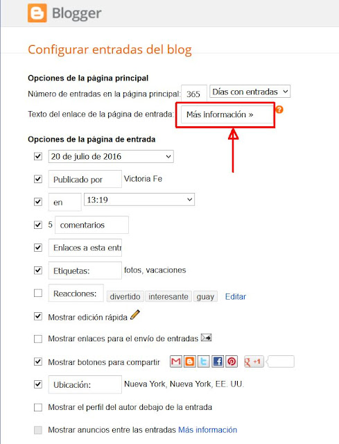 Configurar entradas del blog