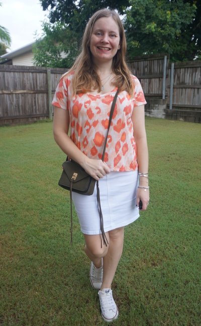 neon leopard sass and bide tee with converse and white denim skirt olive darren bag | awayfromblue