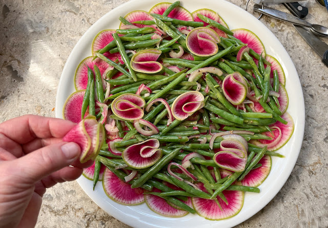 Food Lust People Love: Beautiful to behold and tasty to eat, this French Bean Watermelon Salad would be a welcome addition to your Easter table or bridal/baby shower feast.