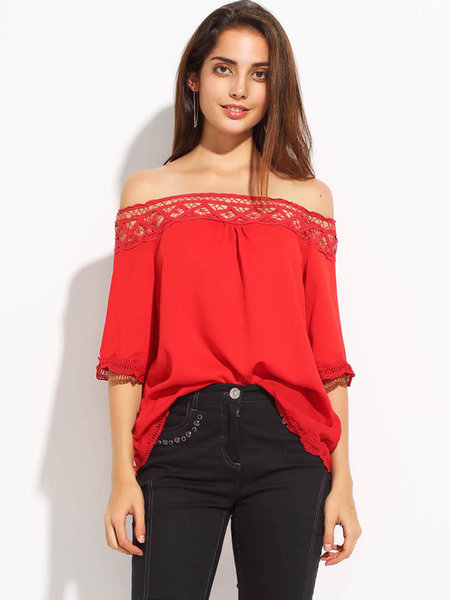  Red Pierced 3/4 Sleeve Off Shoulder Top