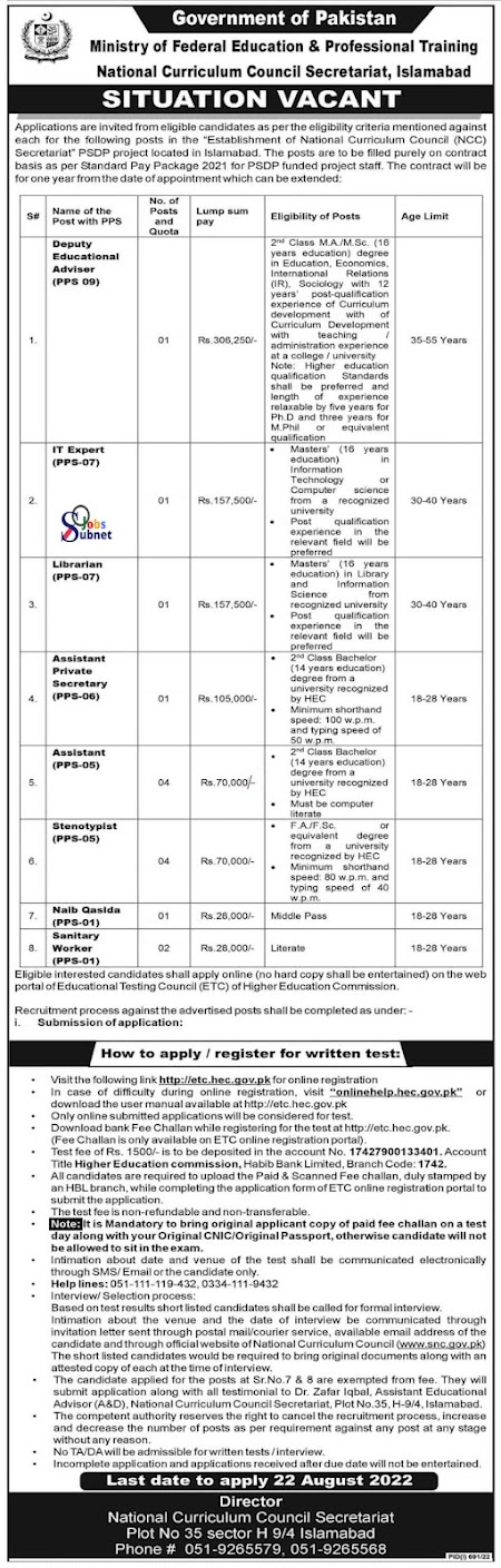 Ministry Of Federal Education & Professional Training Govt Jobs 2022