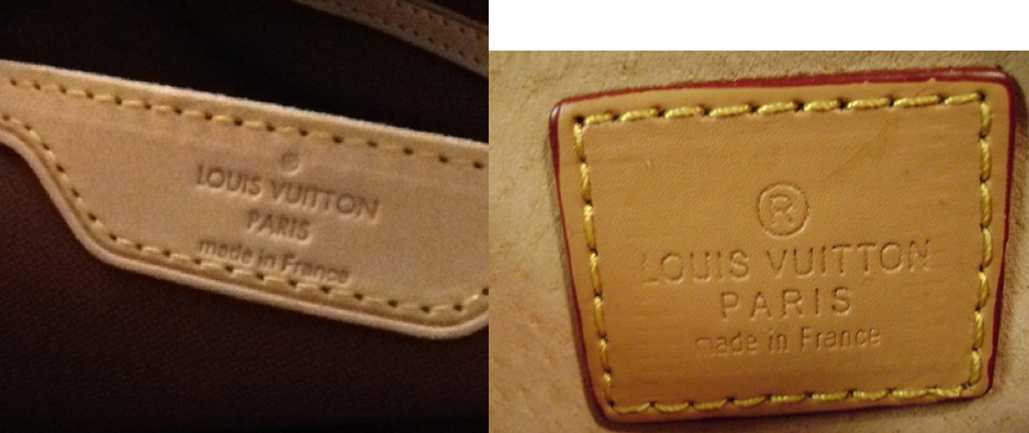 Stitching on a Louis Vuitton bag (left)  a fake (right)