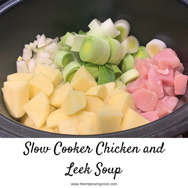 Chicken and Leek Soup ingerdients in a slow cooker