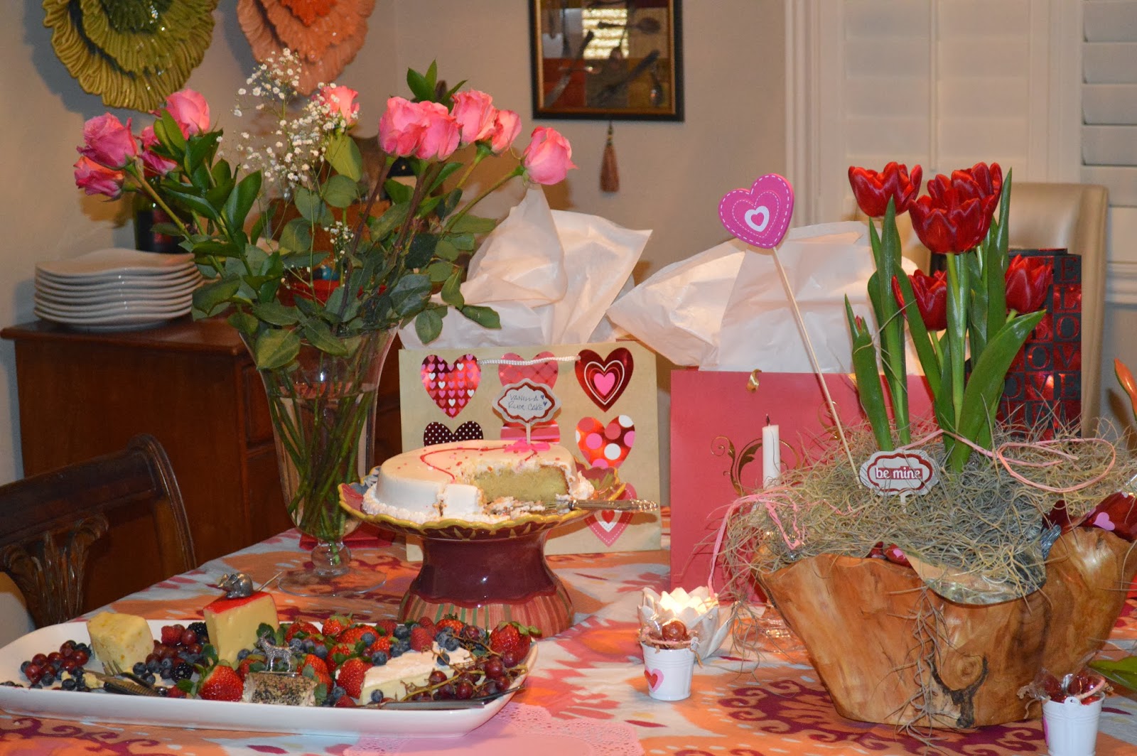 Valentine's Day, Valentine's Day Party, party, holiday party, theme party, hearts, food, party table, flowers, tulips, be mine