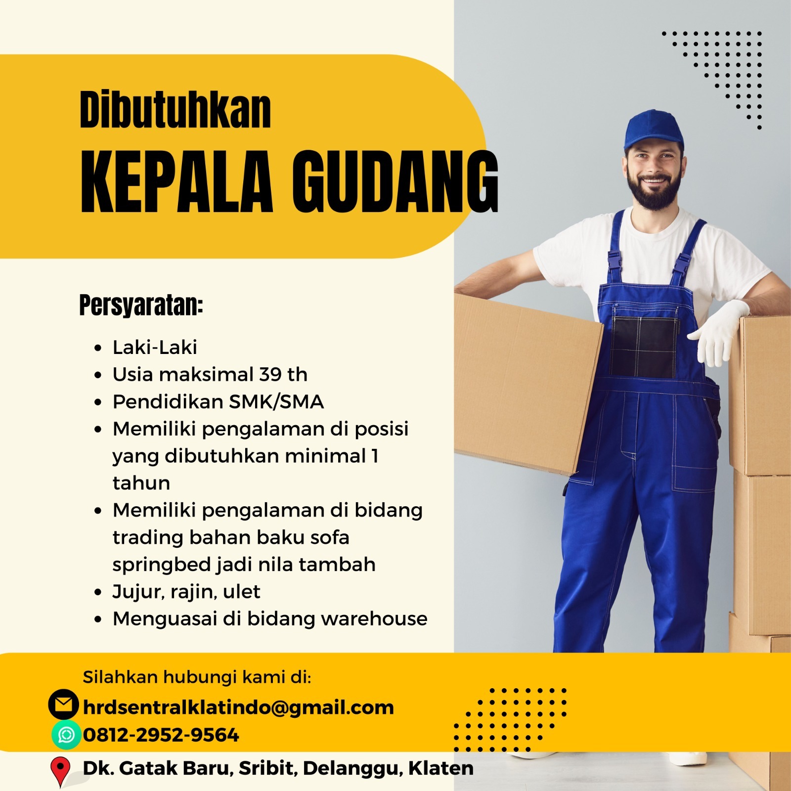 Loker CV Sentral Klatindo Abadi Klaten Kepala Gudang, HRGA Staff, dll