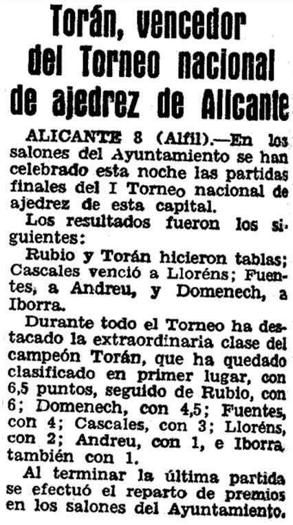 Torneo Nacional de Alicante 1954, recorte de prensa