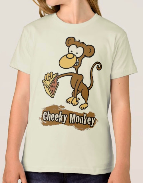 Cartoon of a monkey holding a slice of cake. A design on a child's t-shirt.