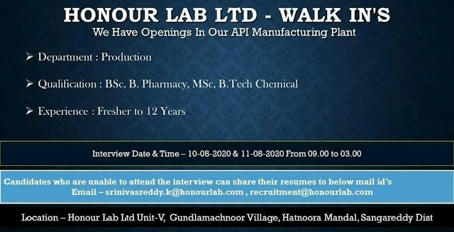 Honour Lab Ltd | Walk-in for Production - Freshers and Experienced at Hyderabad on 10&11 Aug 2020