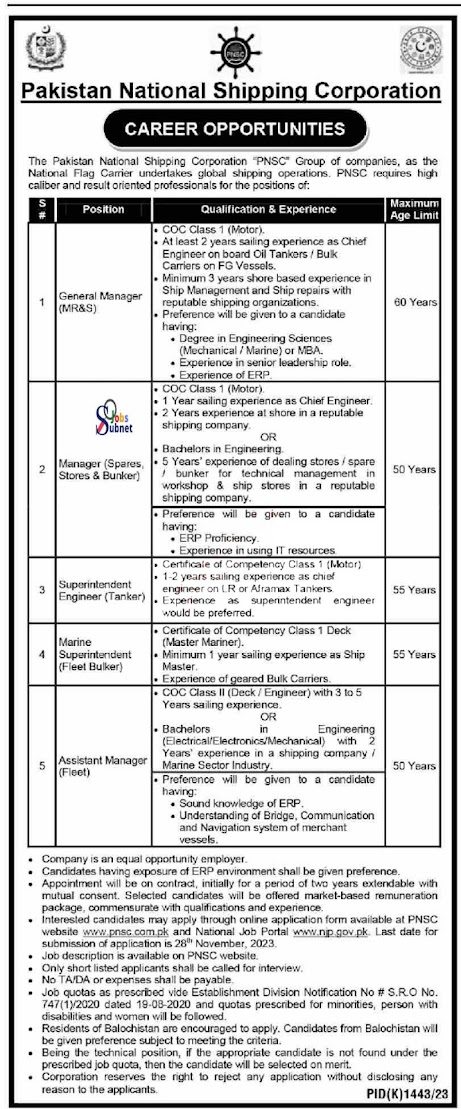 Pakistan National Shipping Corporation PNSC Jobs 2023 Download Application Form