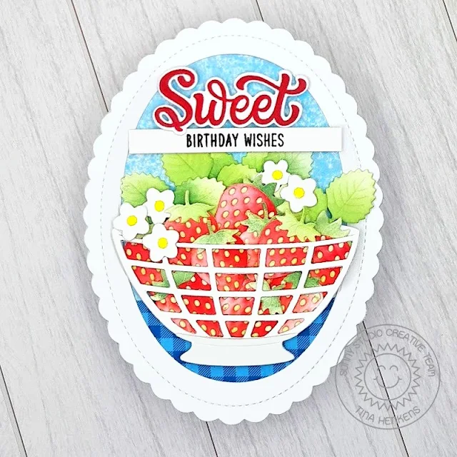 Sunny Studio Stamps: Build-A-Bowl & Strawberry Patch Die Focused Birthday Card by Tina Henkens (featuring Scalloped Oval Mat Dies)