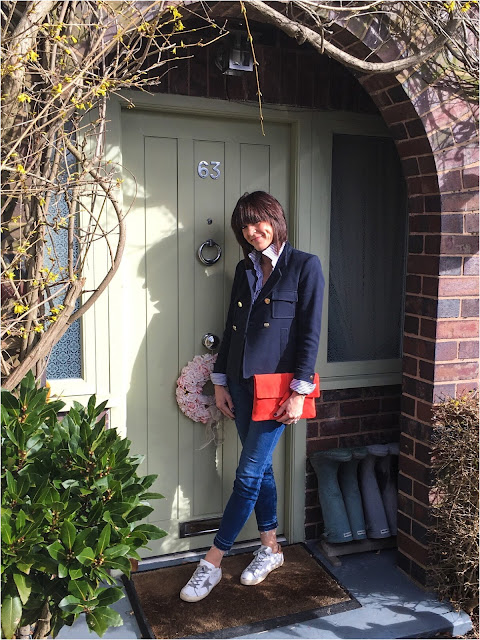 My Midlife Fashion, Zara double breasted boxy blazer, zara striped shirt, boden cropped vintage jeans, boden soft suede clutch, golden goose superstar trainers