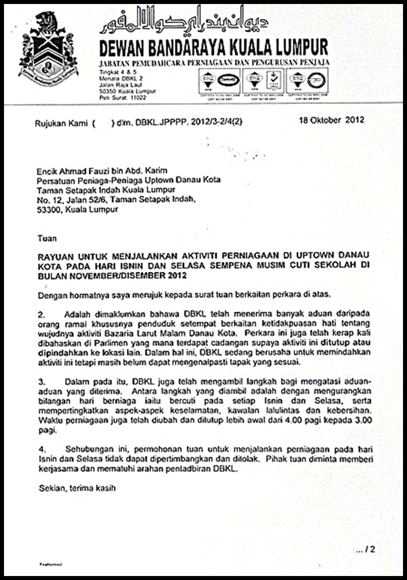 Contoh Surat Permohonan Sewa Tapak Niaga