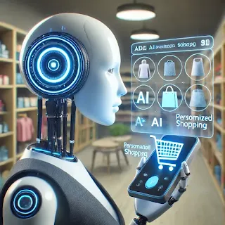 Alt Text: A humanoid AI robot shopping in a futuristic store using an advanced digital interface with holographic shopping options and a smart device.