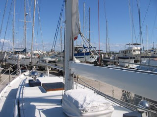 Foredeck and mast-furled mainsail on Otter II, a 1979 Valiant 40 centerboard model