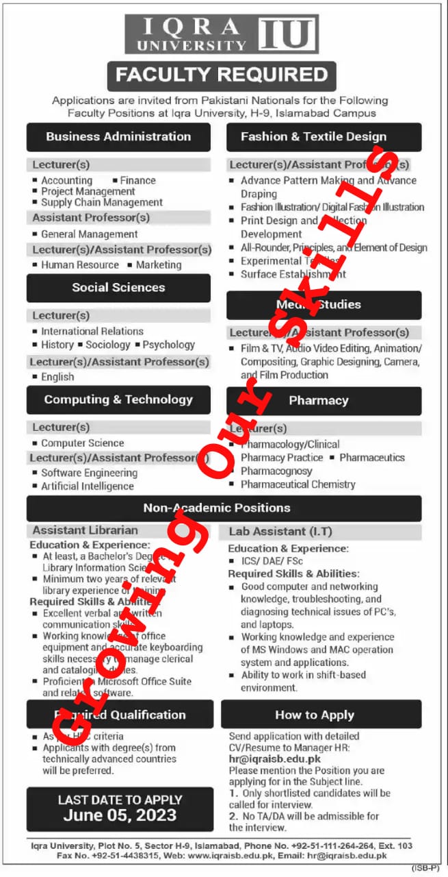 IQRA University Jobs 2023 for Islamabad Campus -Growing Our Skills 