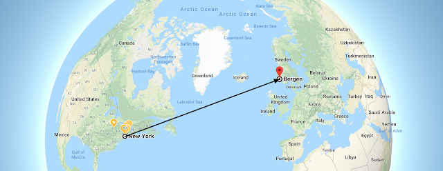 globe view with an arrow pointing from new york, ny to bergen, norway