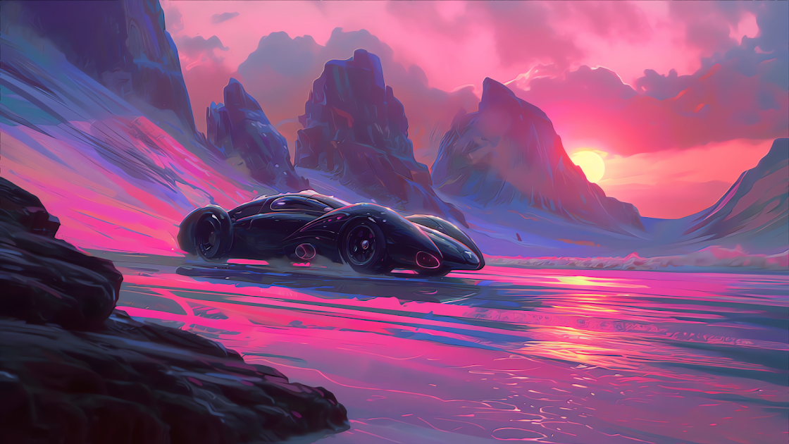 A futuristic car glides across a surreal pink-lit landscape with reflective waters and towering cliffs against a sunset backdrop.