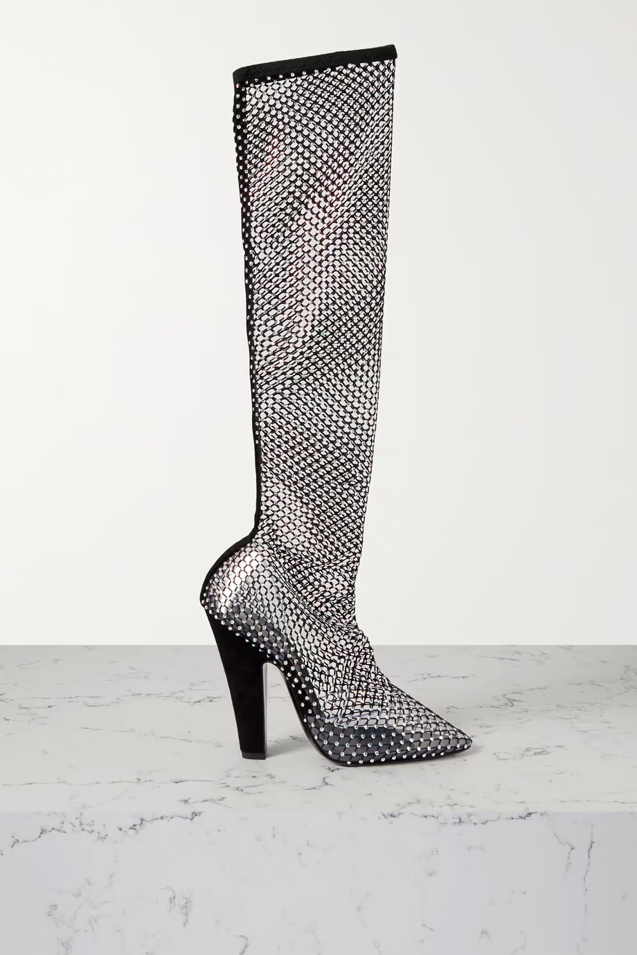 SAINT LAURENT Suede-trimmed crystal-embellished fishnet knee boots