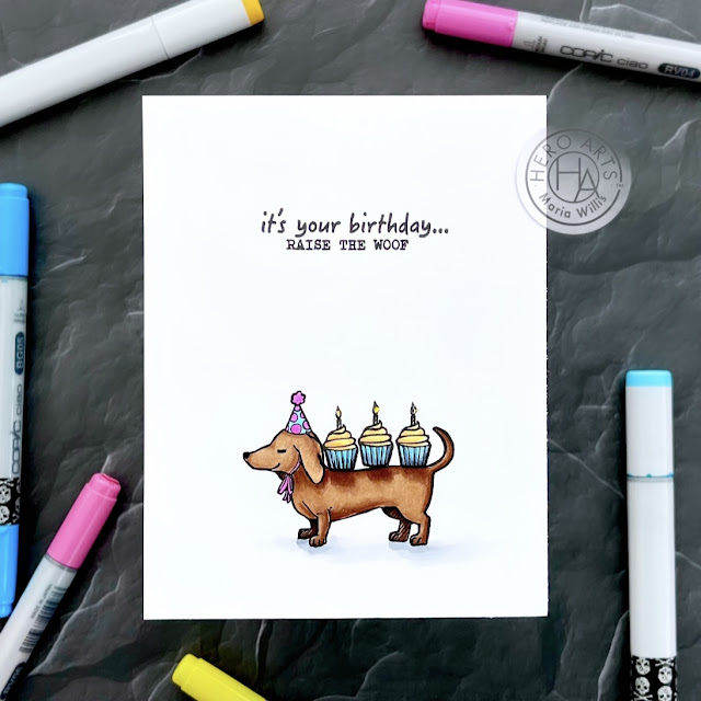 Cardbomb, Maria Willis, Hero Arts,Pear Blossom Press, cards, cardmaking, handmade, stamps, stamping, ink, paper, paper craft, happy birthday, dogs, cupcakes,light-up card, art, color, diy,copic markers,