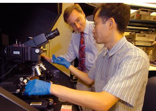 Purdue postdoctoral research associate Sanghyun Ju, sitting, and professor David B. Janes