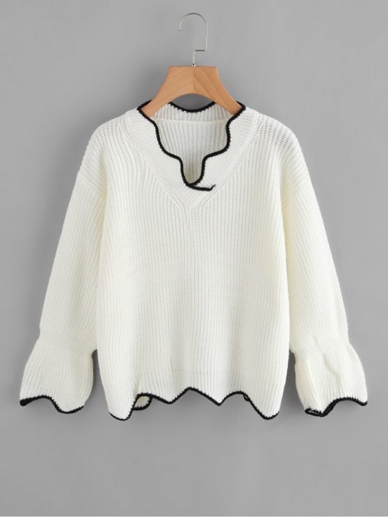  V Neck Contrasting Scalloped Sweater - White