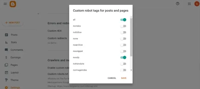 Custom robots header tags settings in blogger Custom robots header tags setting in blogger-Posts and pages tag