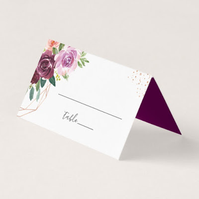  Plum Purple Floral Modern Rose Gold Wedding Place Card