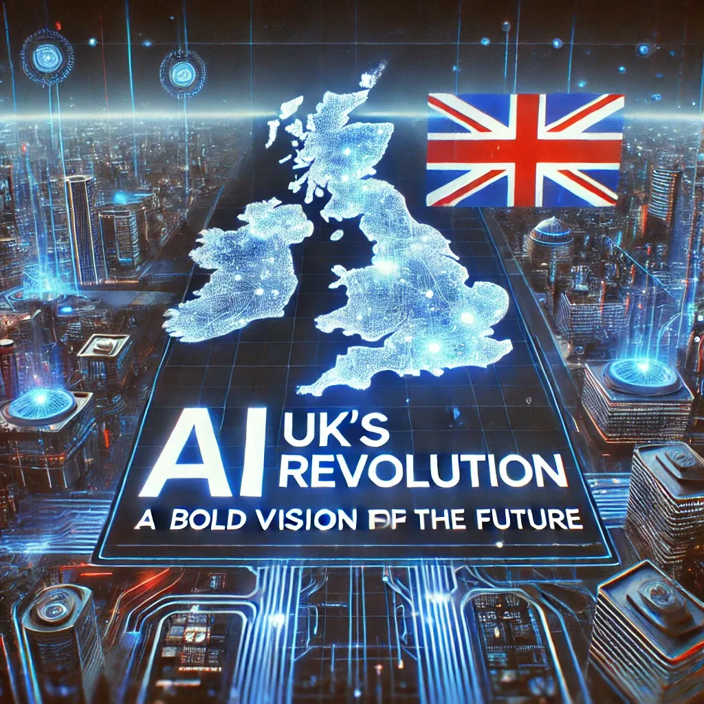 A captivating thumbnail showcasing the UK's bold AI revolution plan, featuring a futuristic cityscape with glowing blue neural networks and the UK flag subtly blended into the background. Title: UK's AI Revolution: A Bold Vision for the Future