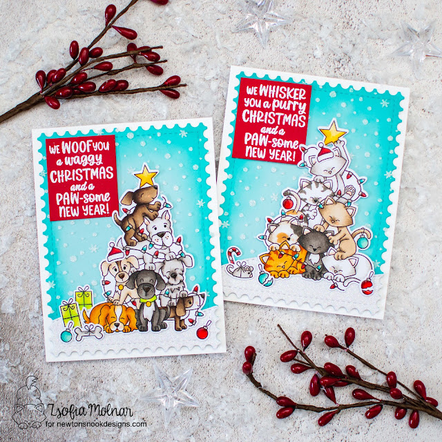 Cat & Dog Christmas Cards by Zsofia Molnar | Cat Christmas Tree Stamp Set, Dog Christmas Tree Stamp Set, Framework Die Set and Petite Snow Stencil Set by Newton's Nook Designs