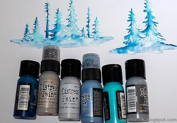 Layers of ink - Snowy Glittery Forest Canvas Tutorial by Anna-Karin Evaldsson. Paint the trees.