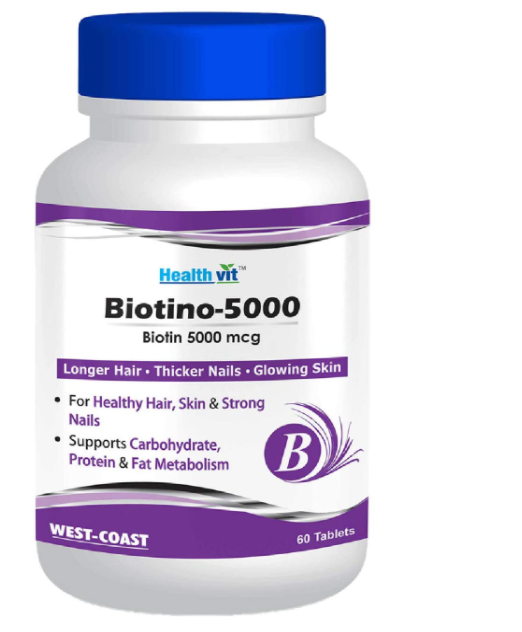 Healthvit Biotino-5000 Biotin 5000 mcg for Longer Hair, Glowing Skin and Thicker Nails - 60 Tablets (Pack Of 1)