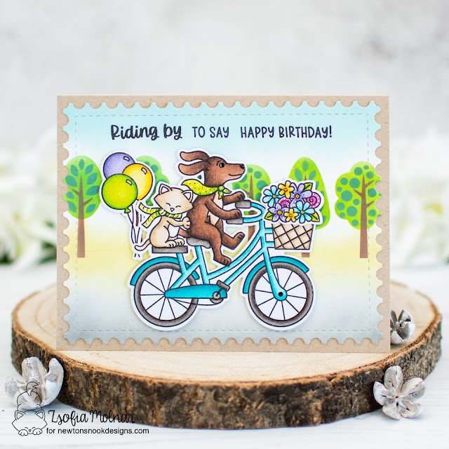 Bicycle Card with dog and cat by Zsofia Molnar | Cycling Friends Stamp Set, Tree Line Stencil and Framework Die Set by Newton's Nook Designs