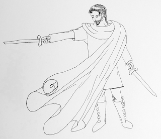 Line drawing of a bearded man wearing a tunic and an improbably billowing cloak. The man is holding a sword in each hand, one sword held down at an angle, the other sword pointing menacingly off the picture