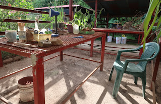A metal table in a barn used for photography in Puriscal, Costa Rica