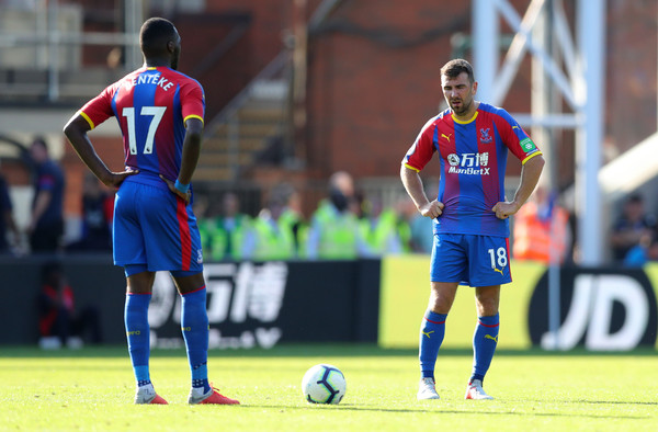 Christian Benteke, and James McArthur of Crystal Palace look dejcted after conceding during the Premier League match between Crystal Palace and Southampton FC at Selhurst Park on September 1, 2018 in London, United Kingdom.