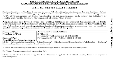 Assistant Research Officer MSc BTech Job Opportunities in Pasteur Institute of India