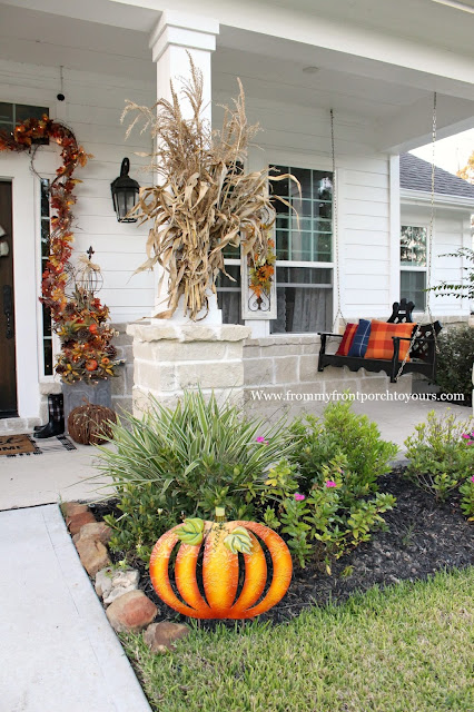 Farmhouse Style Fall Porch Decorations-Metal Pumpkin-Corn Stalks-Porch Swing-From My Front Porch To yours