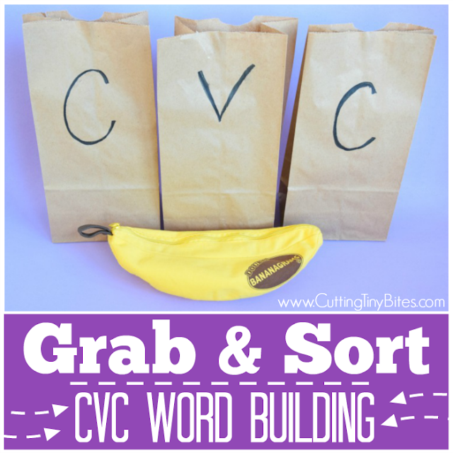 Grab and Sort: CVC Word Building. Fun phonics game for preschoolers or kindergarteners using letter tiles to build and sort simple C-V-C words. Great for early readers.