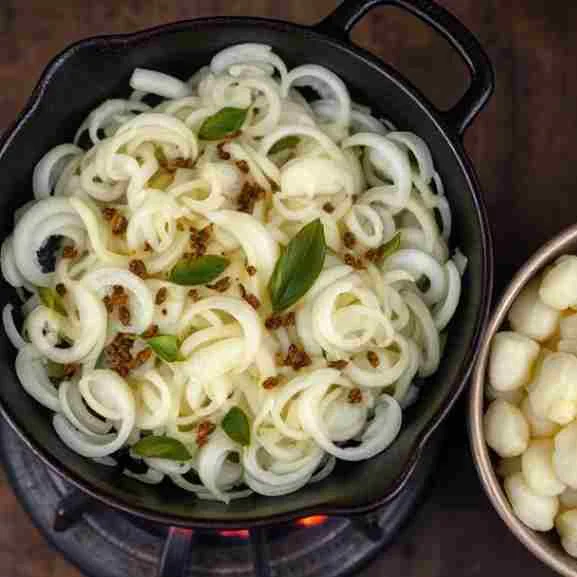 Onions, mustard seeds, and curry leaves being sautéed in a pan as part of the masala dosa