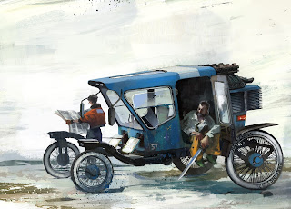 Disco Elysium Artwork with the player character sitting in, his partner on the case, Kim Kitsuragi's car, a Coupris, with a sword in his hand. Kim is standing on the other side reading a newspaper.