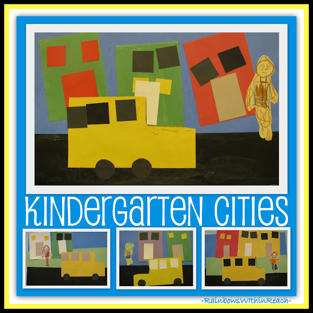 Kindergarten Art Project of School Buses in the City from Simple Shapes (RainbowsWithinReach)