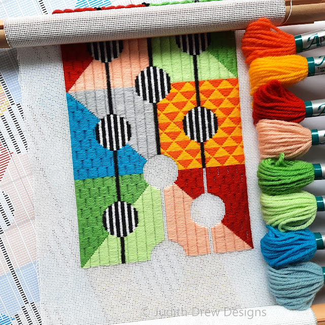 Judith Drew Designs black and white circles colourful needlepoint wall hanging tapestry pattern and instructions.
