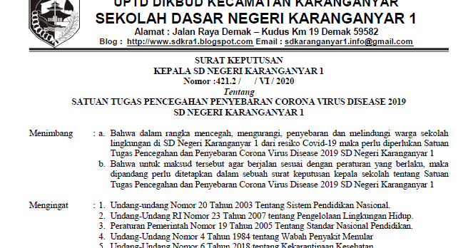 Download Contoh SK Satgas Pencegahan Penyebaran Covid-19 Tingkat