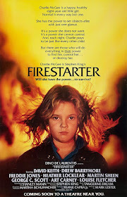Universal Pictures's "Firestarter" (1984) movie poster, starring Drew Barrymore, George C. Scott, Art Carney, Martin Sheen, David Keith, Heather Locklear, Freddie Jones, and Louise Fletcher