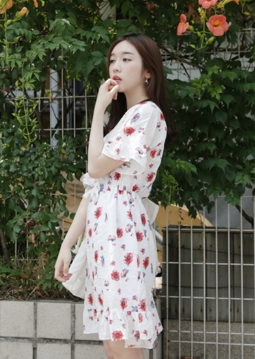  Drawstring Floral Print Dress