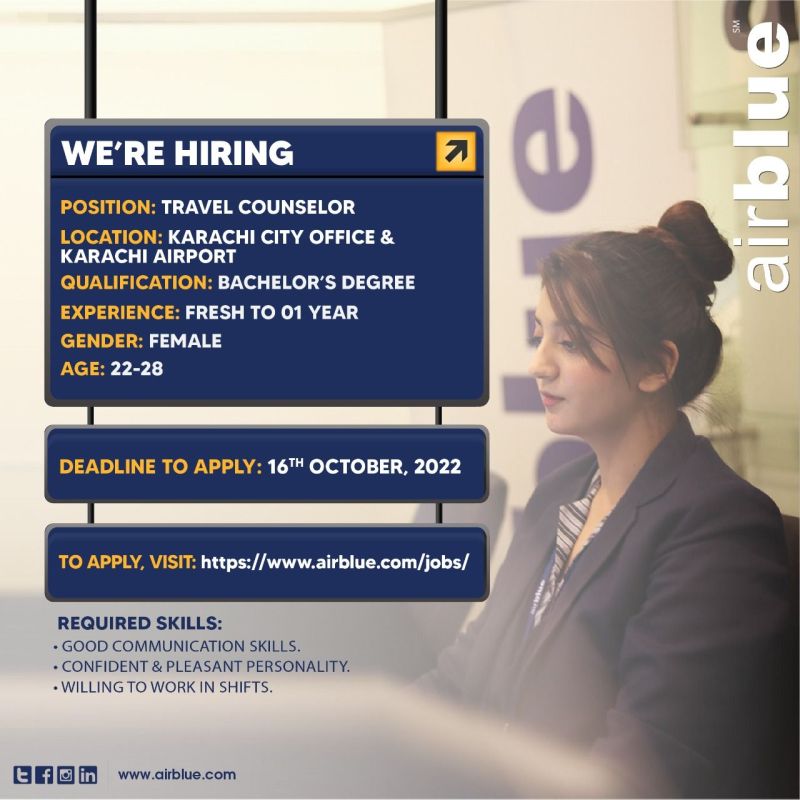 AirBlue Pakistan Jobs for Travel Counselor