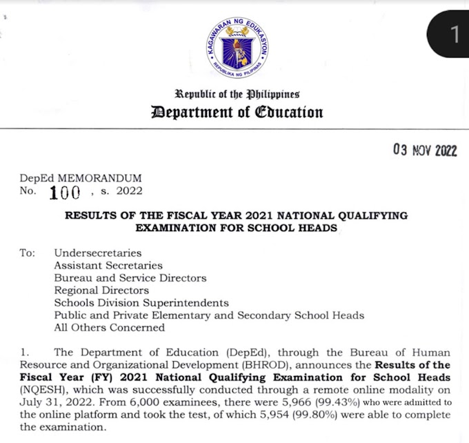 DEPED 2021 RESULTS OF THE FISCAL YEAR 2021 NATIONAL QUALIFYING EXAMINATION FOR SCHOOL HEADS