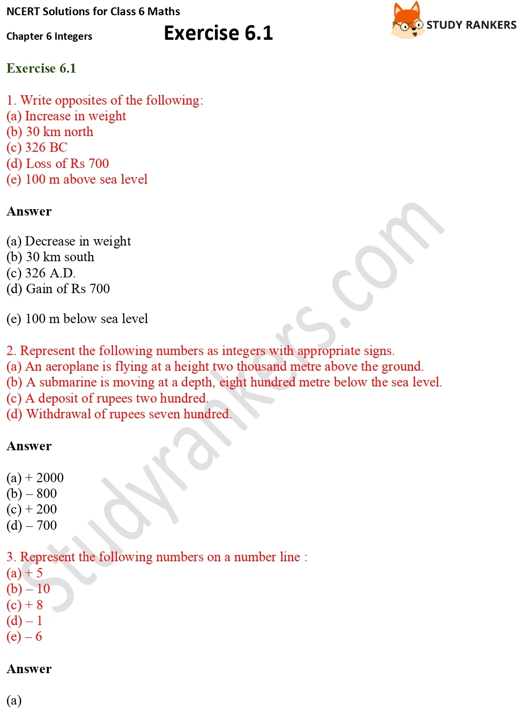 NCERT Solutions for Class 6 Maths Chapter 6 Integers Exercise 6.1 Part 1