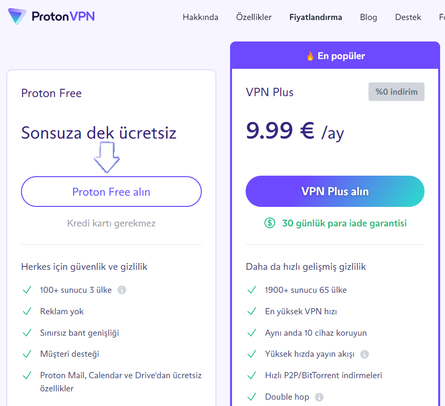 ProtonVPN Ücretsiz kayıt